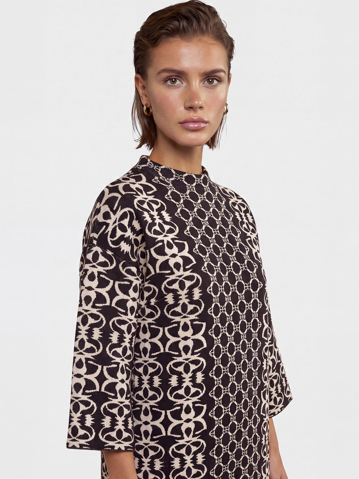 Jacquard-Strickkleid mit Kaschmir | schwarz-champagner