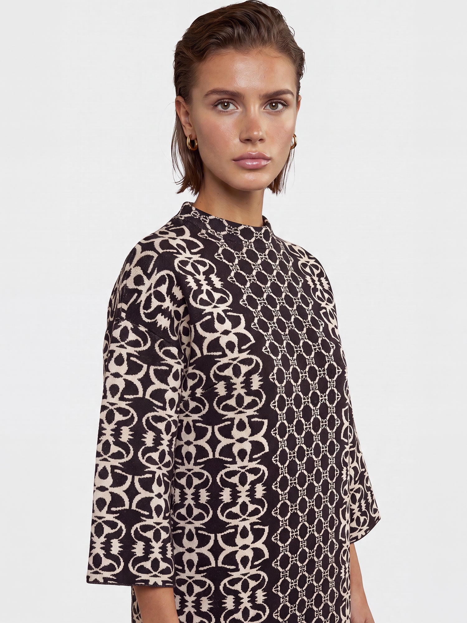 Jacquard-Strickkleid mit Kaschmir | schwarz-champagner