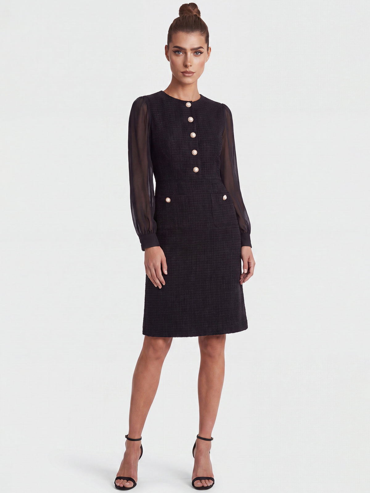 APART Bouclékleid mit Chiffonärmeln und Zierknopfleiste | schwarz