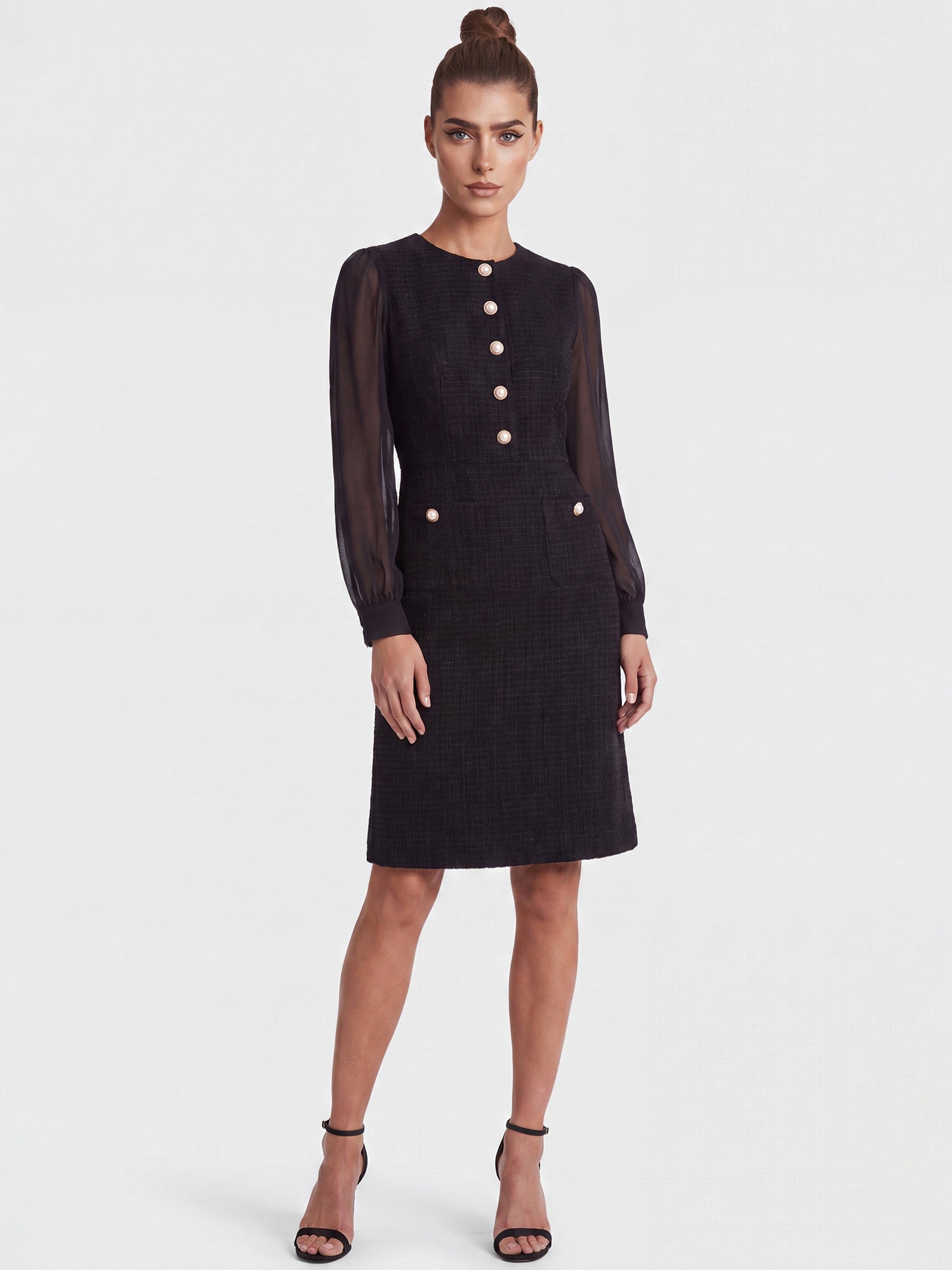 APART Bouclékleid mit Chiffonärmeln und Zierknopfleiste | schwarz