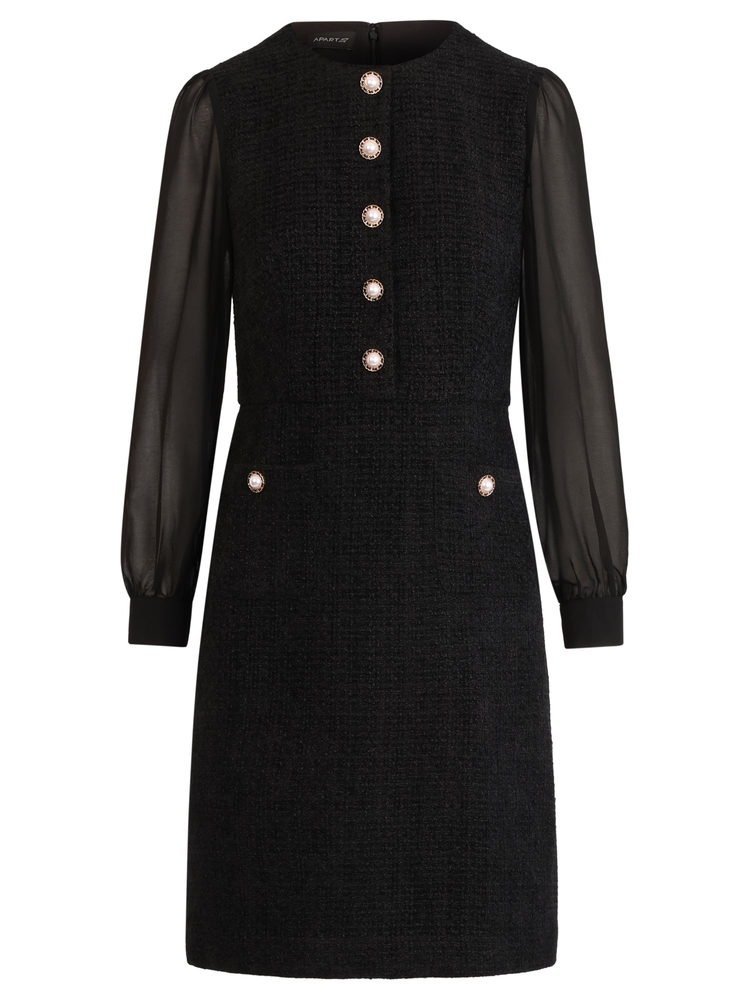 APART Bouclékleid mit Chiffonärmeln und Zierknopfleiste | schwarz