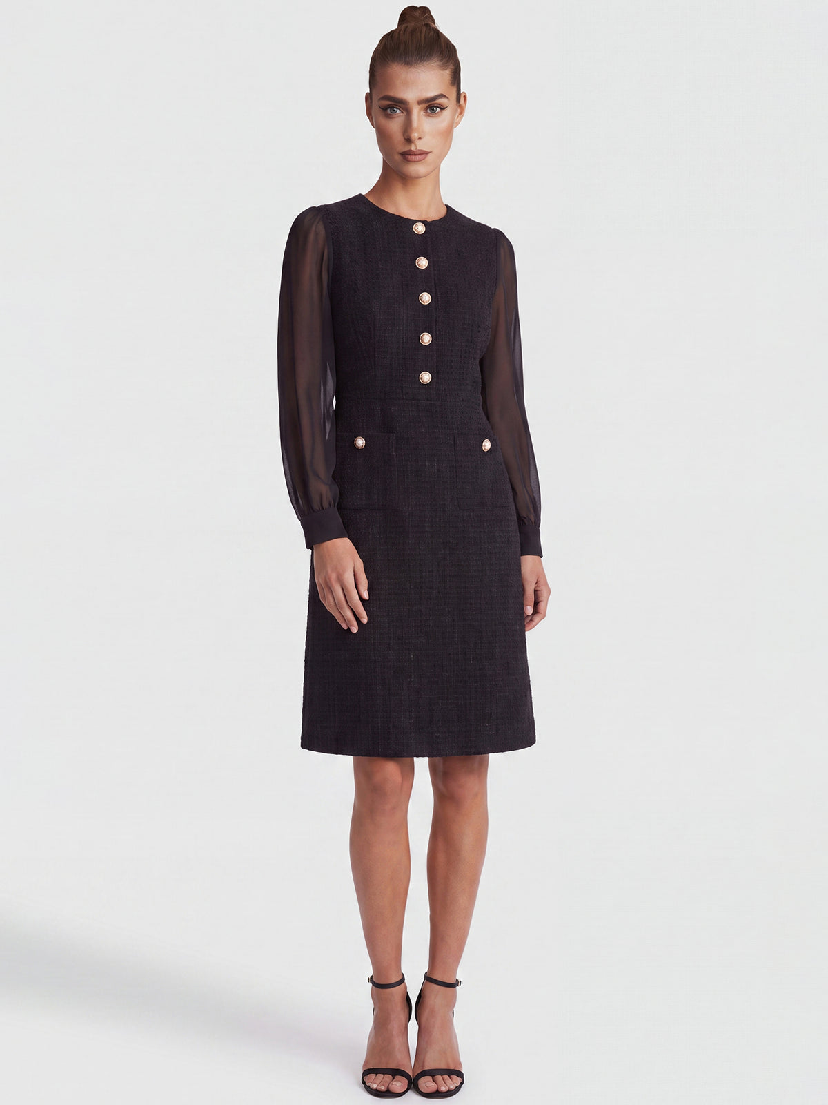 APART Bouclékleid mit Chiffonärmeln und Zierknopfleiste | schwarz
