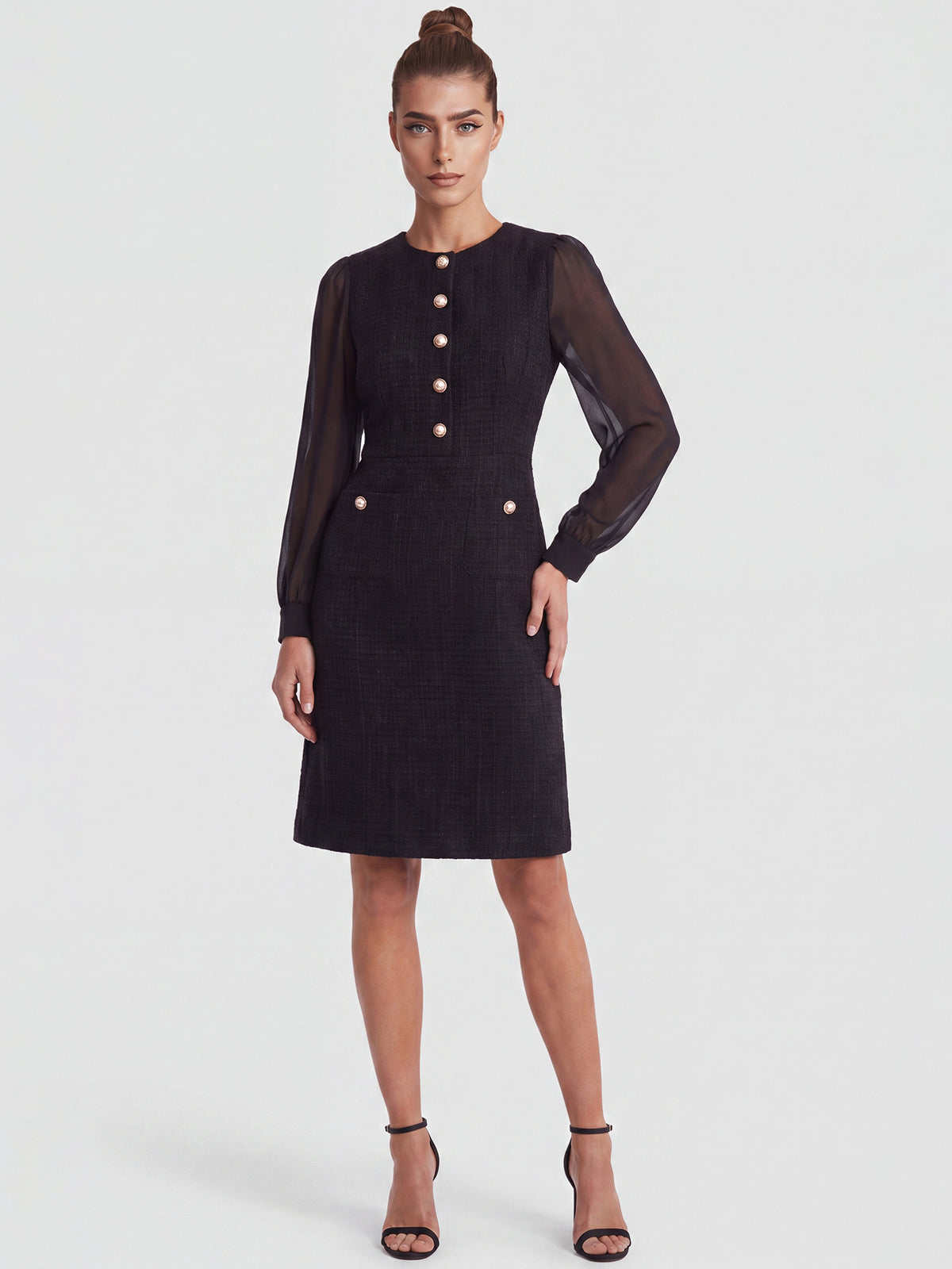 APART Bouclékleid mit Chiffonärmeln und Zierknopfleiste | schwarz