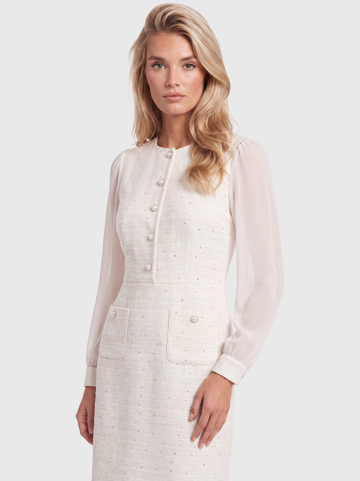 APART Bouclékleid mit Chiffonärmeln und Zierknopfleiste | creme