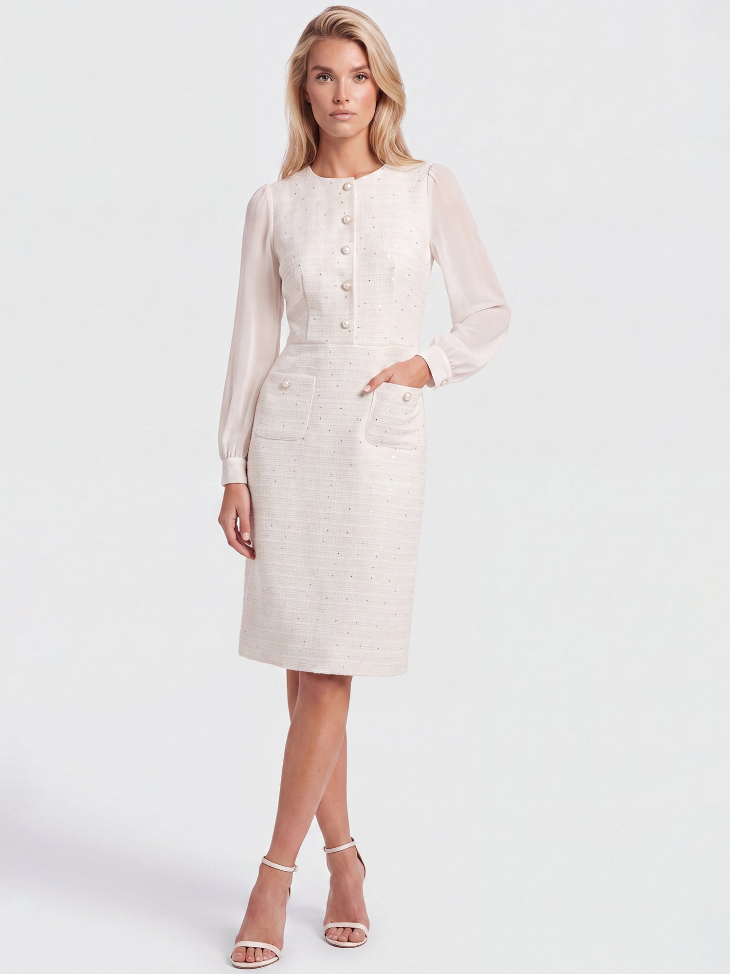 APART Bouclékleid mit Chiffonärmeln und Zierknopfleiste | creme