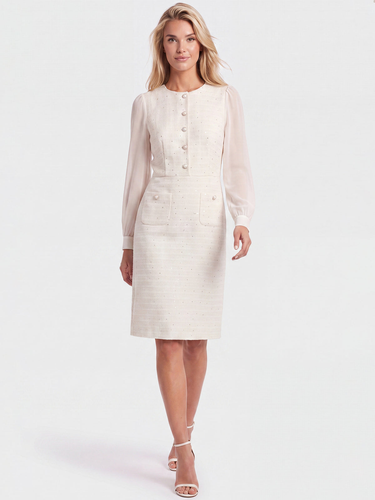APART Bouclékleid mit Chiffonärmeln und Zierknopfleiste | creme