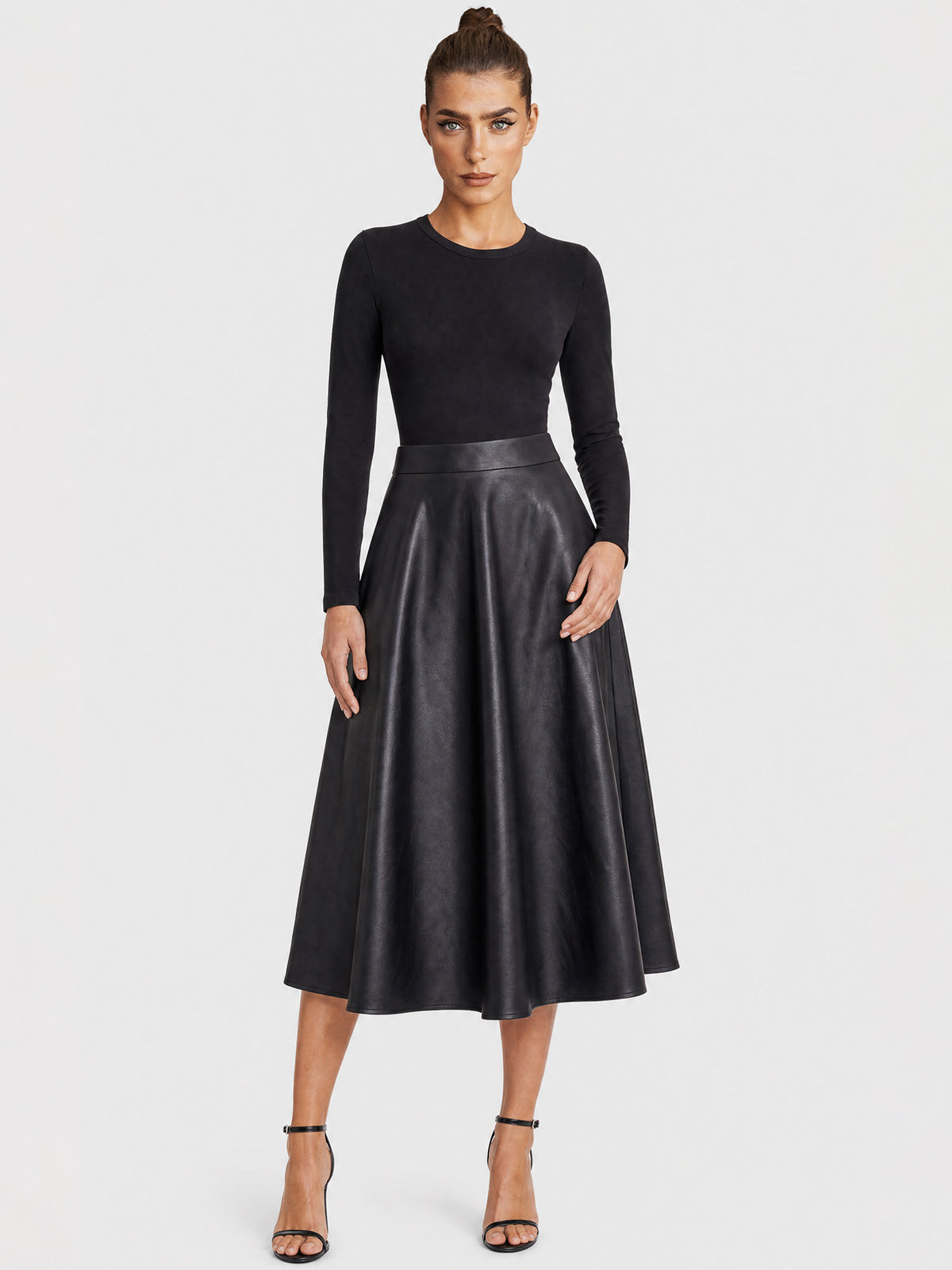 APART Midikleid im Materialmix mit Kunstlederrock | schwarz
