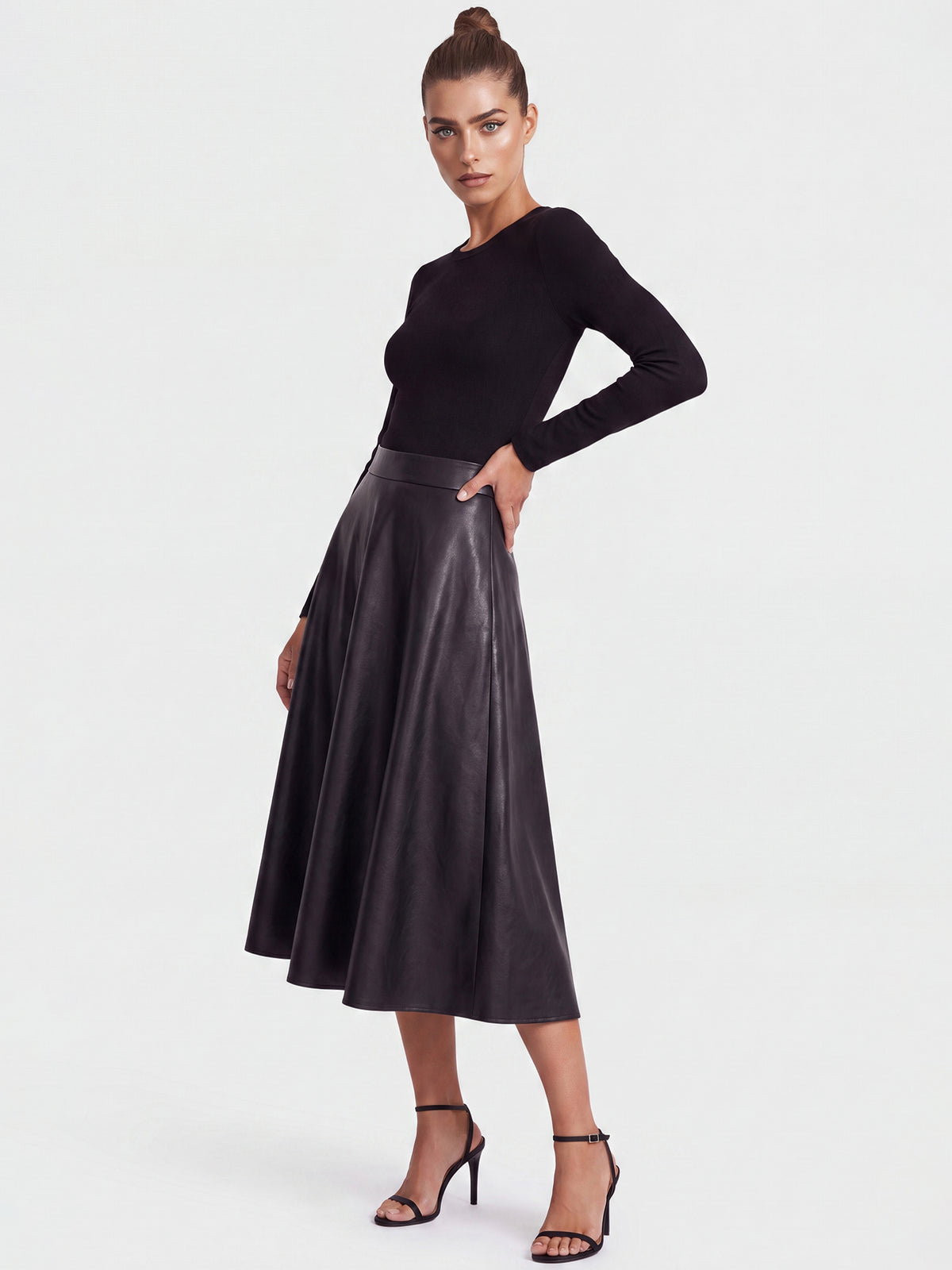 APART Midikleid im Materialmix mit Kunstlederrock | schwarz