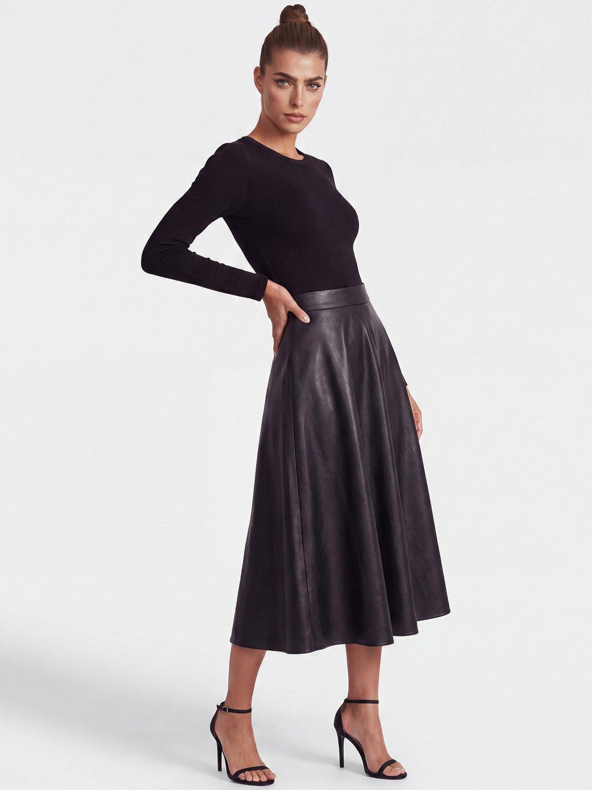 APART Midikleid im Materialmix mit Kunstlederrock | schwarz