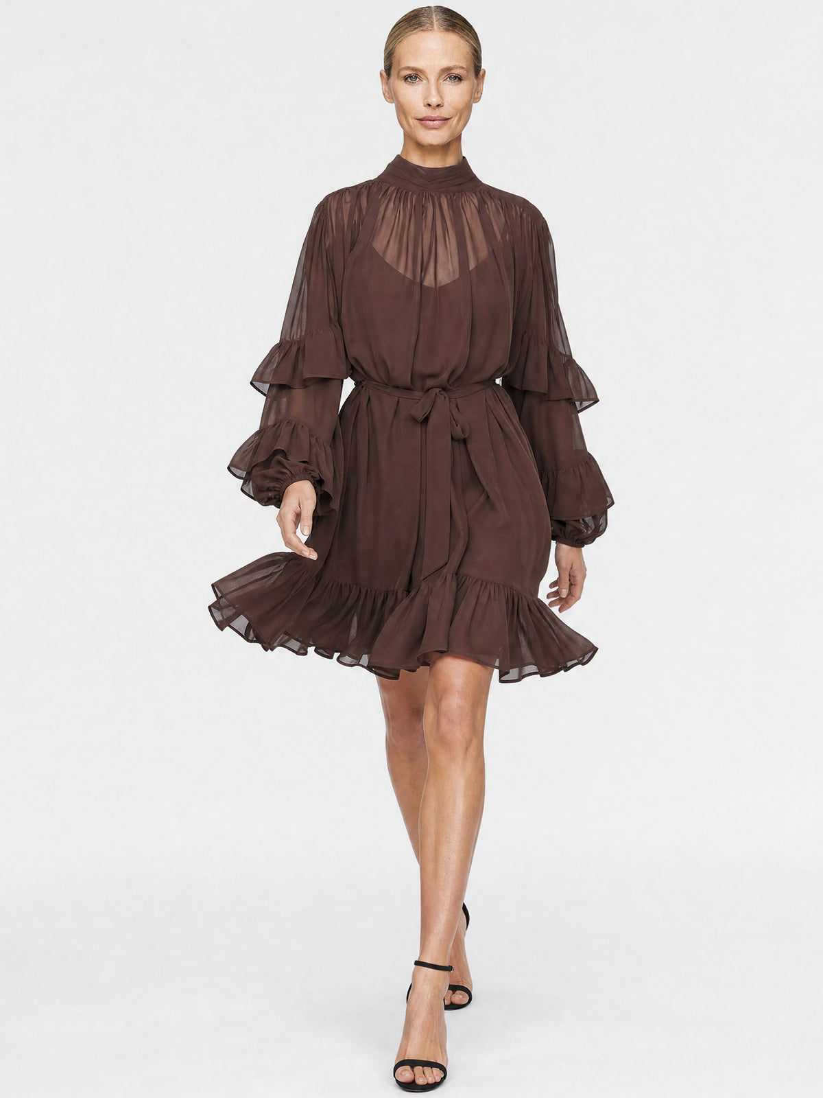 APART Oversized Chiffonkleid mit Rüschen | braun