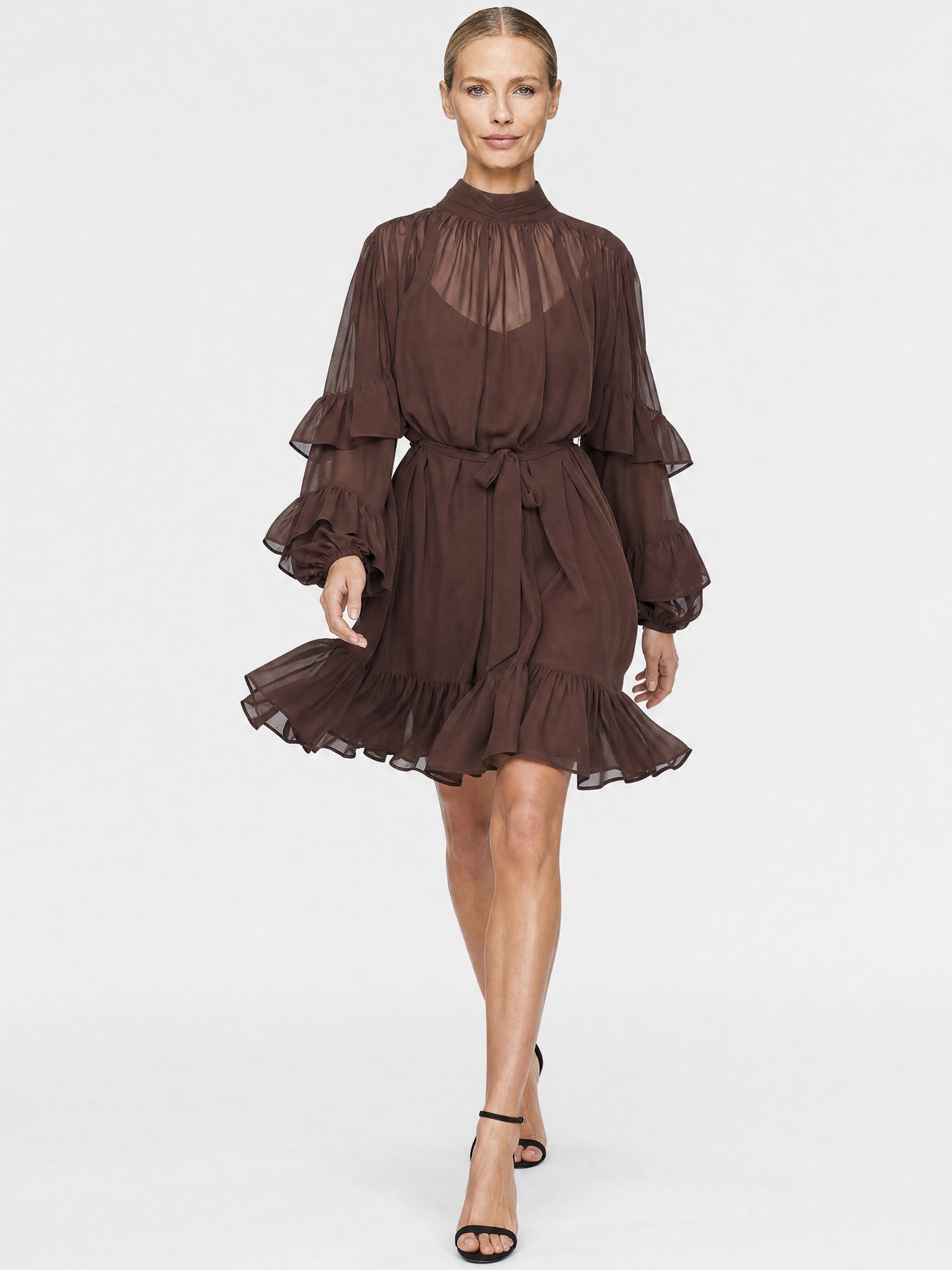 APART Oversized Chiffonkleid mit Rüschen | braun