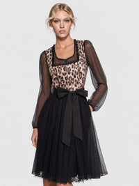 Dirndl aus Satin und Organza mit Spitzenschürze | schwarz-multicolor