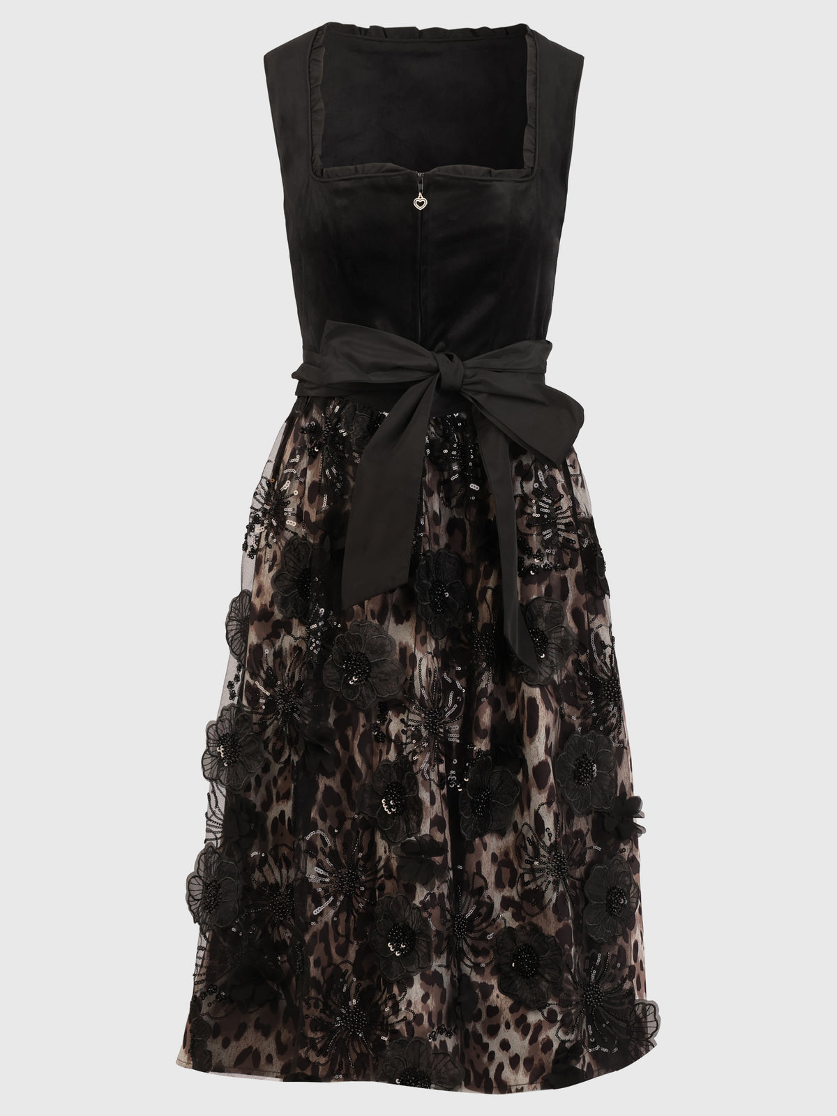 Dirndl aus Samt mit Tüllschürze | schwarz-multicolor