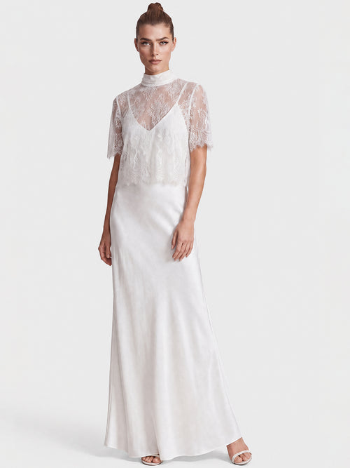 APART Langes Hochzeitskleid aus Satin mit Spitzenjäckchen | creme image 1