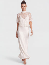 APART Langes Hochzeitskleid aus Satin mit Spitzenjäckchen | creme