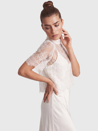 APART Langes Hochzeitskleid aus Satin mit Spitzenjäckchen | creme
