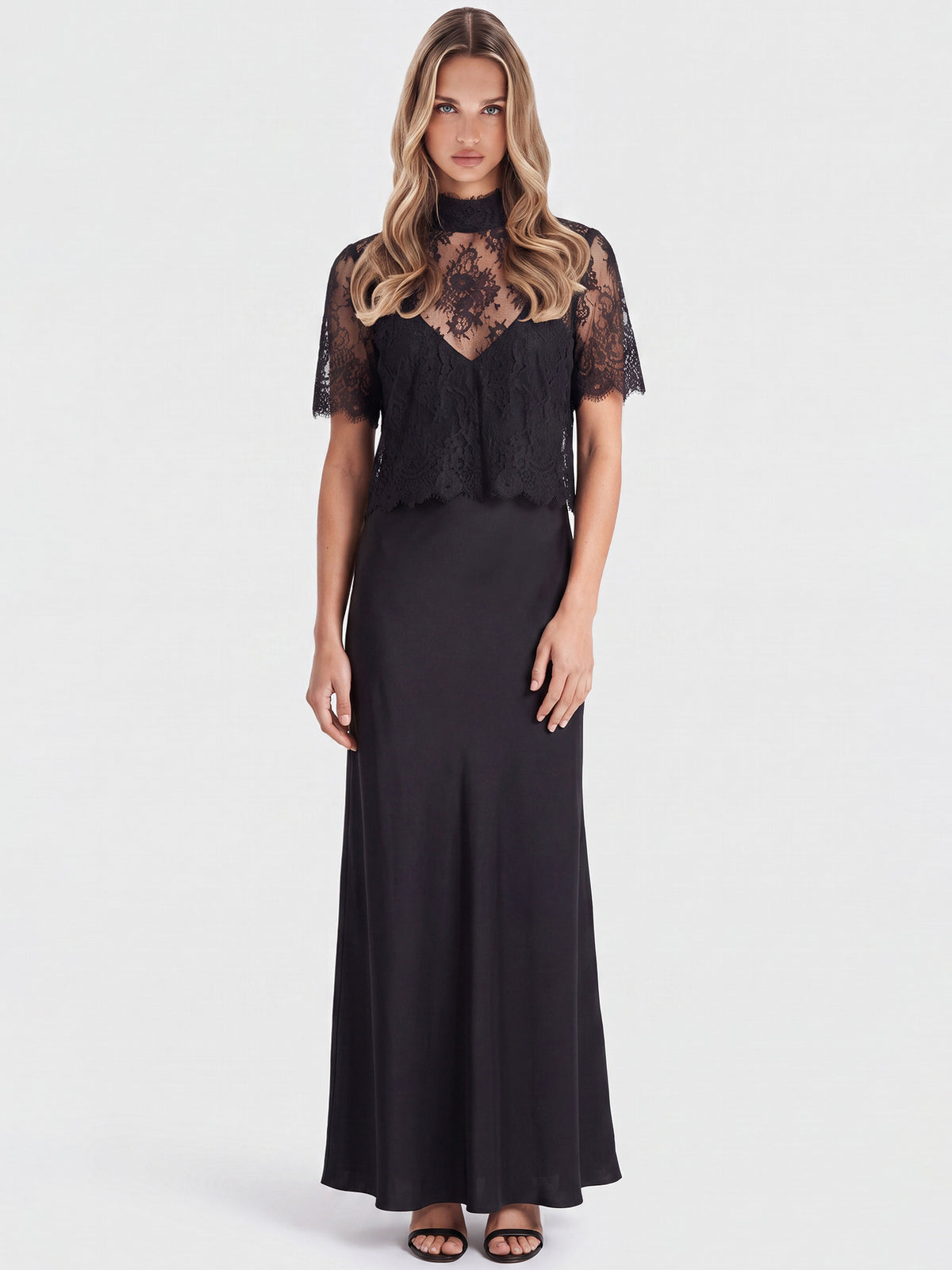APART Langes Kleid aus Satin mit Spitzenjäckchen | schwarz