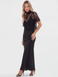 APART Langes Kleid aus Satin mit Spitzenjäckchen | schwarz