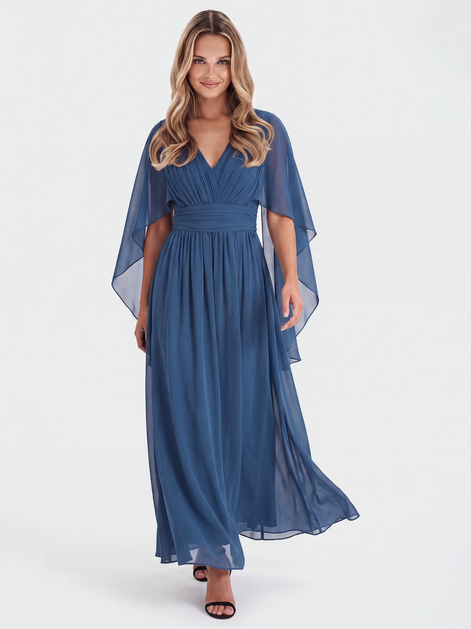 Abendkleid mit Drapierungen und Chiffonärmeln im Cape-Stil | petrol