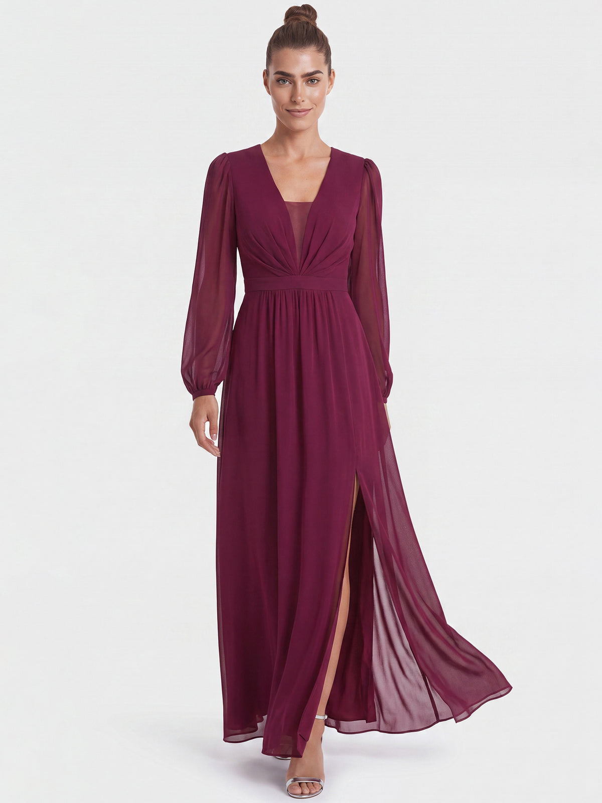 APART Langes Kleid aus Chiffon mit semitransparenten Ärmeln | weinrot