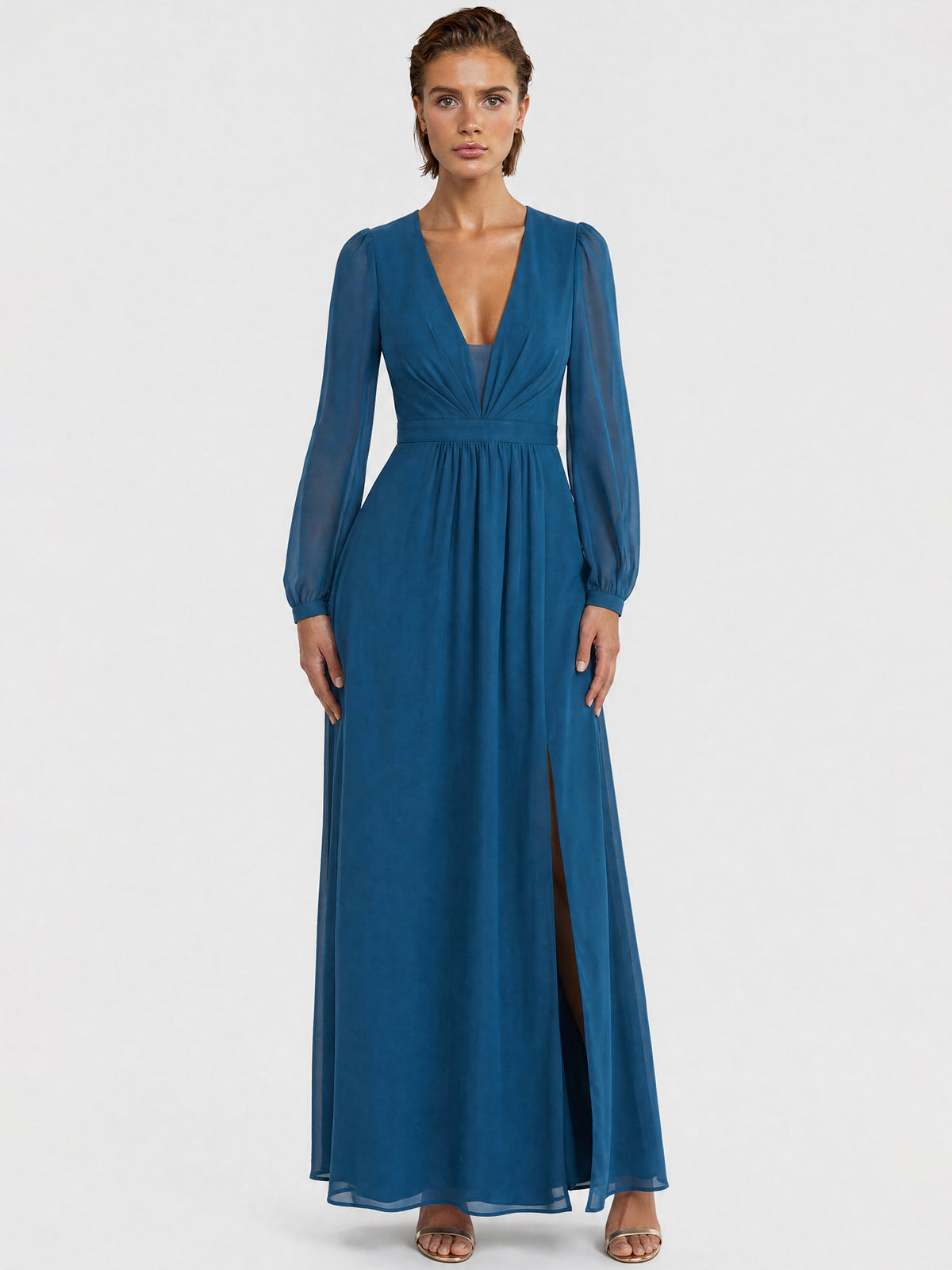 APART Langes Kleid aus Chiffon mit semitransparenten Ärmeln | petrol