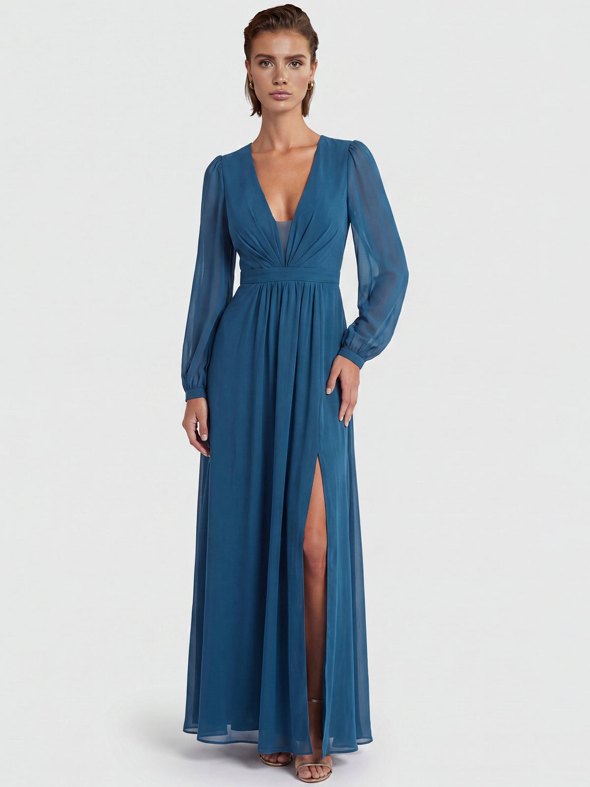 APART Langes Kleid aus Chiffon mit semitransparenten Ärmeln | petrol