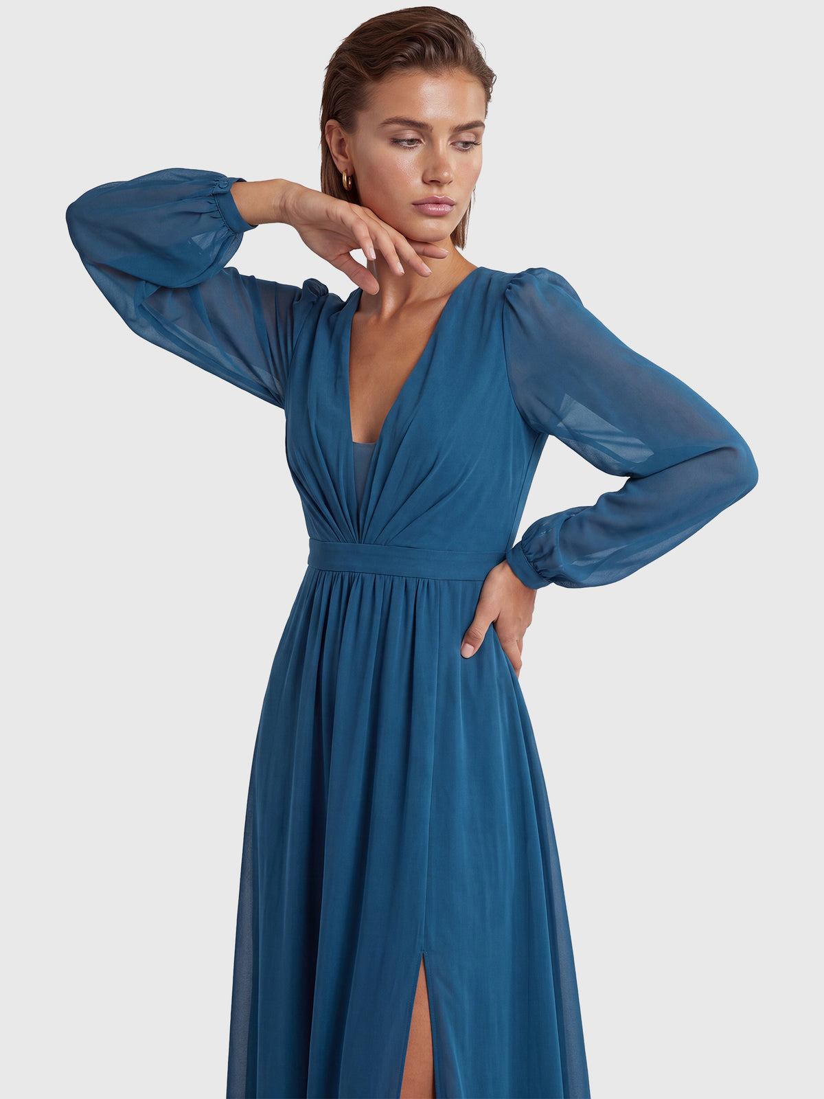 APART Langes Kleid aus Chiffon mit semitransparenten Ärmeln | petrol