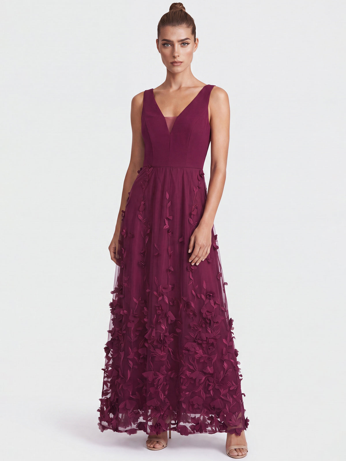 APART Maxikleid mit 3D-Blütenstickerei | weinrot