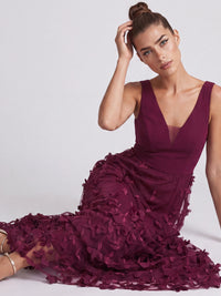APART Maxikleid mit 3D-Blütenstickerei | weinrot