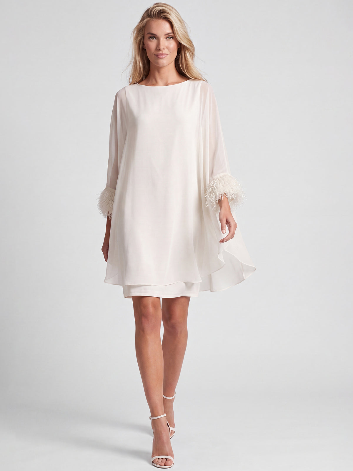 APART Jerseykleid mit asymmetrischem Chiffon-Cape und Fransen | creme