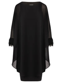 APART Jerseykleid mit asymmetrischem Chiffon-Cape und Fransen | schwarz