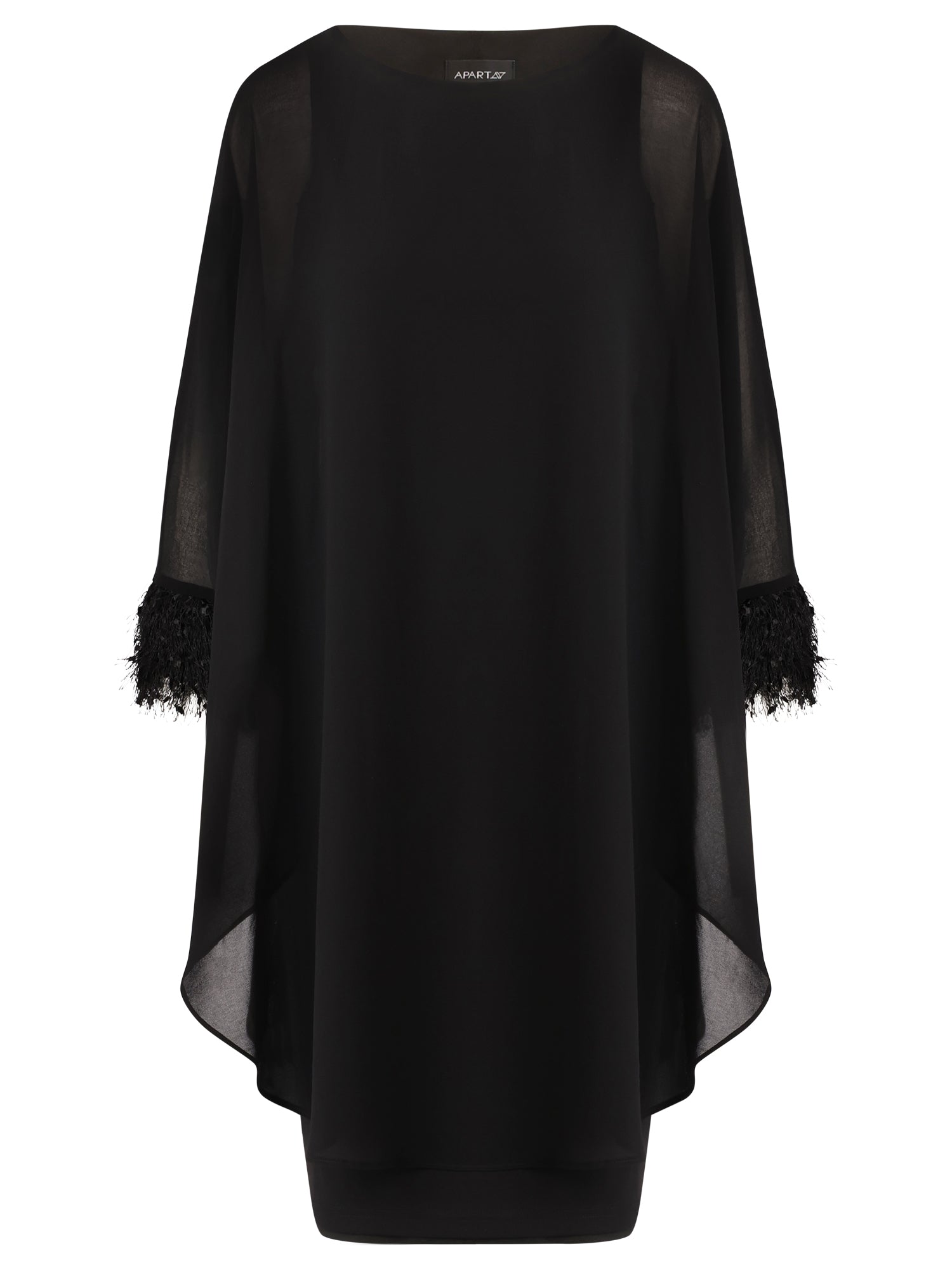 APART Jerseykleid mit asymmetrischem Chiffon-Cape und Fransen | schwarz