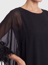 APART Jerseykleid mit asymmetrischem Chiffon-Cape und Fransen | schwarz