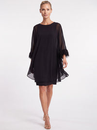 APART Jerseykleid mit asymmetrischem Chiffon-Cape und Fransen | schwarz