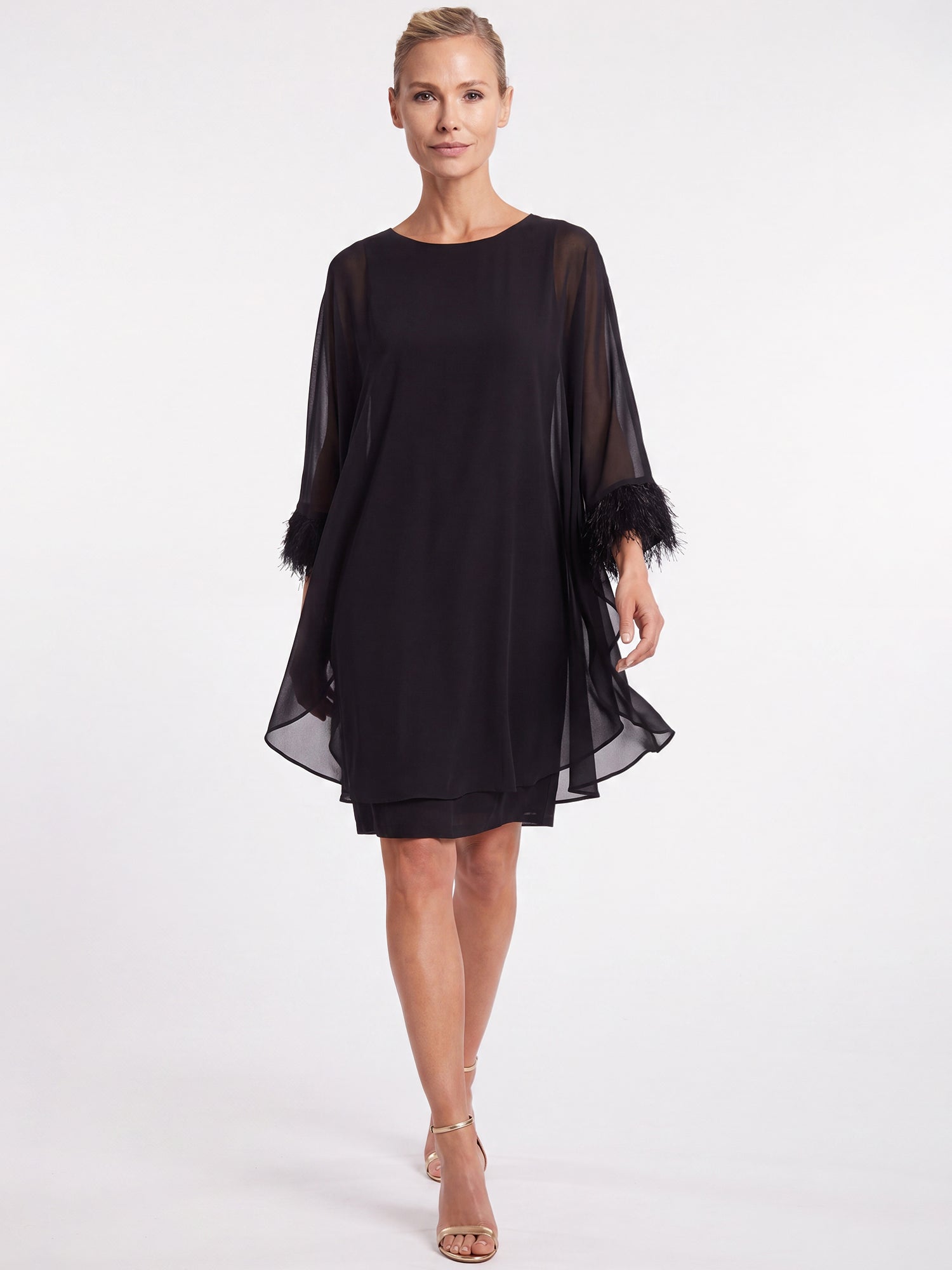 APART Jerseykleid mit asymmetrischem Chiffon-Cape und Fransen | schwarz