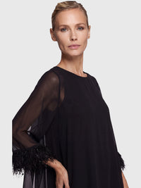APART Jerseykleid mit asymmetrischem Chiffon-Cape und Fransen | schwarz
