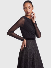 APART Langes Abendkleid aus Mesh und Jacquard | schwarz metallic