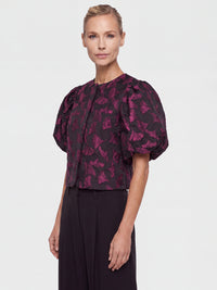 Jacquard-Blazer im Blusen-Stil mit Puffärmeln | schwarz-weinrot