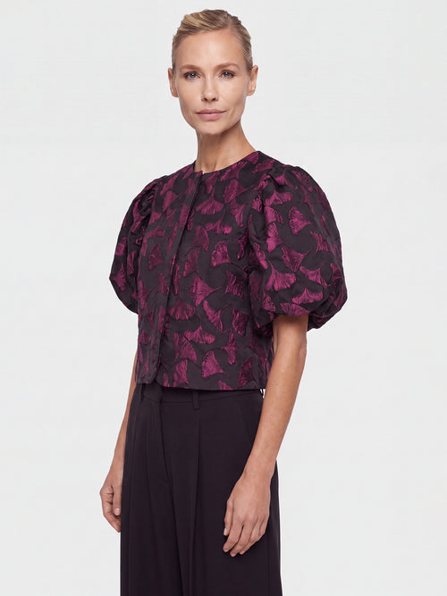 Jacquard-Blazer im Blusen-Stil mit Puffärmeln | schwarz-weinrot image 1