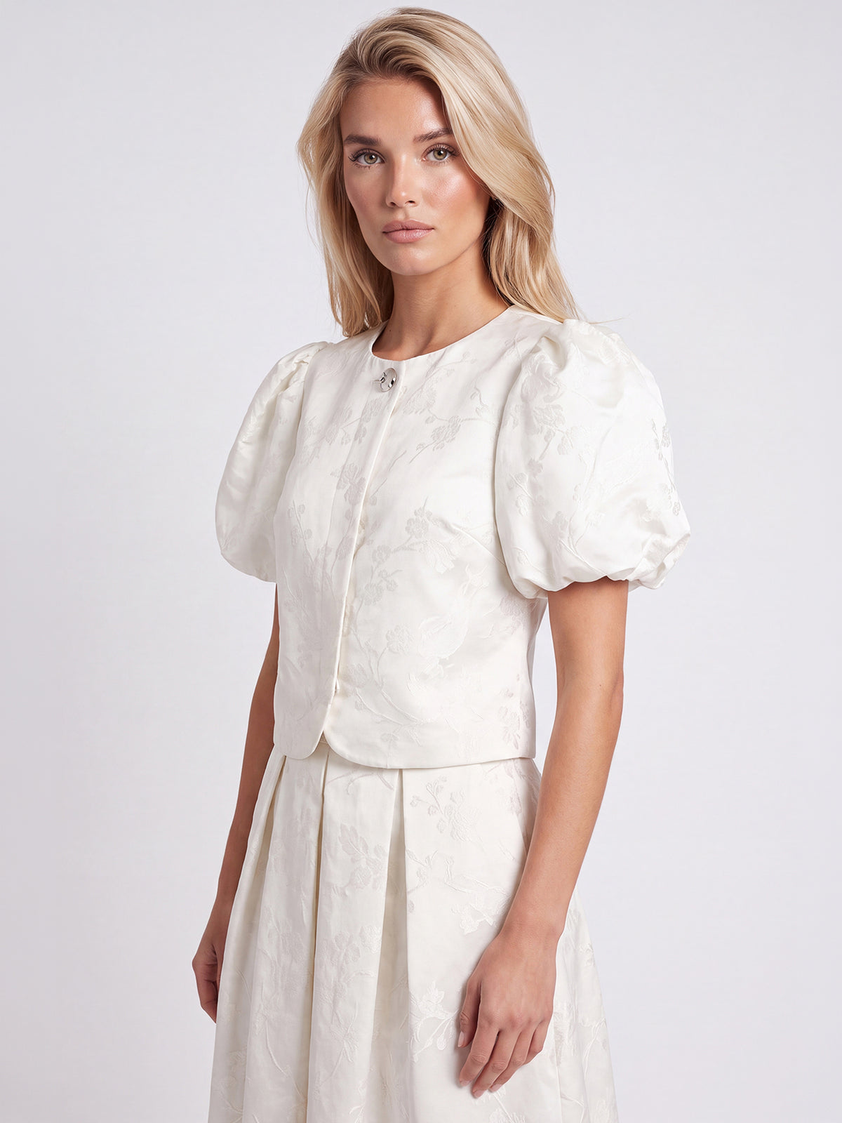 Jacquard-Blazer im Blusen-Stil mit Puffärmeln | creme