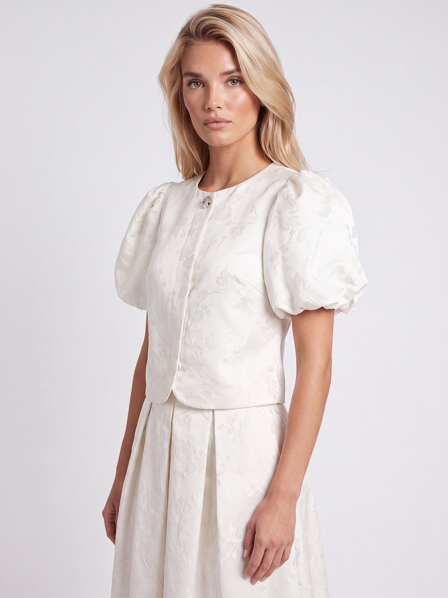 Jacquard-Blazer im Blusen-Stil mit Puffärmeln | creme