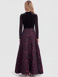 Langes Abendkleid aus Samt und Jacquard | schwarz-weinrot