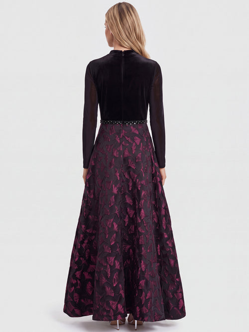 Langes Abendkleid aus Samt und Jacquard | schwarz-weinrot image 1