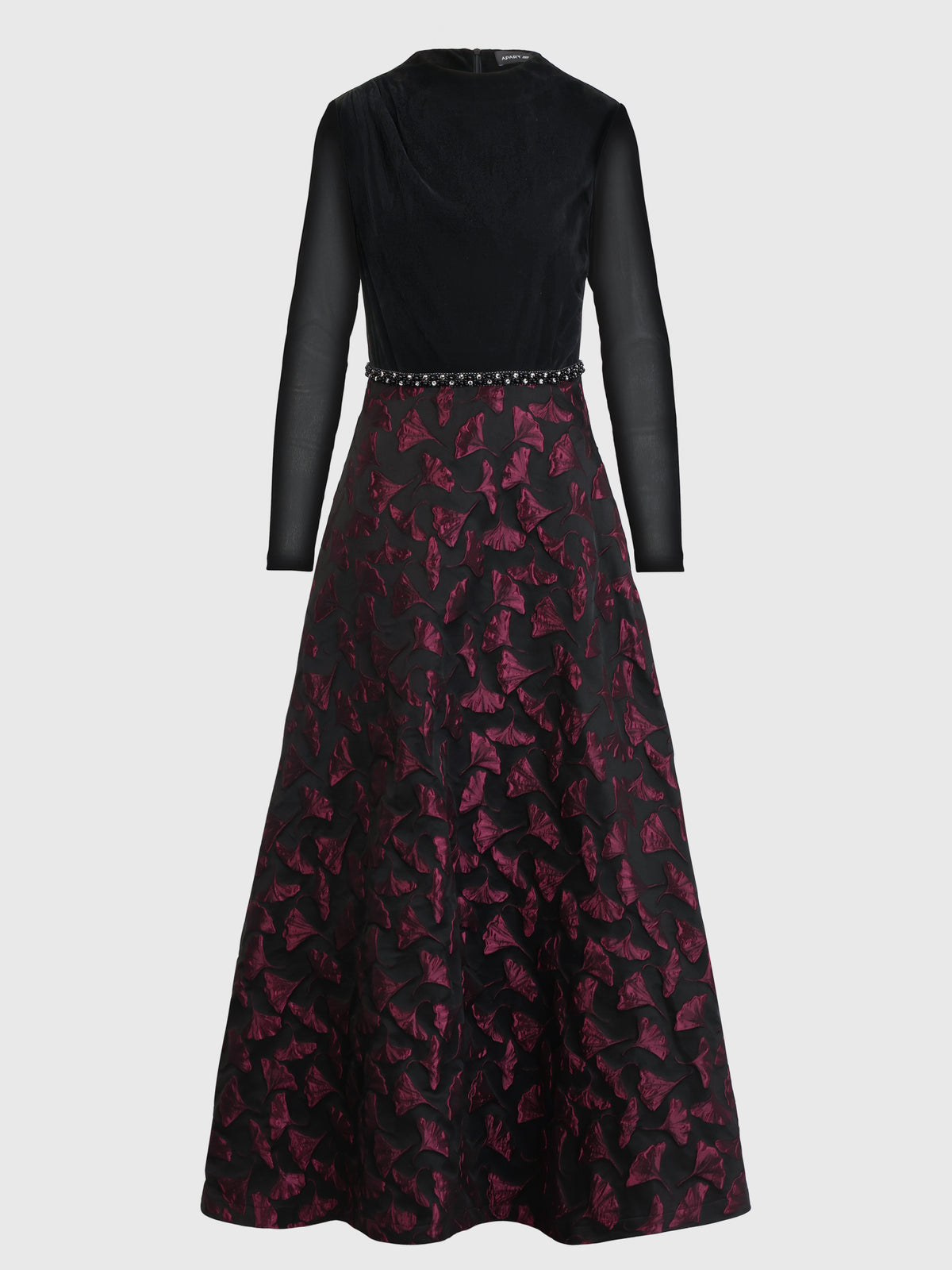 Langes Abendkleid aus Samt und Jacquard | schwarz-weinrot