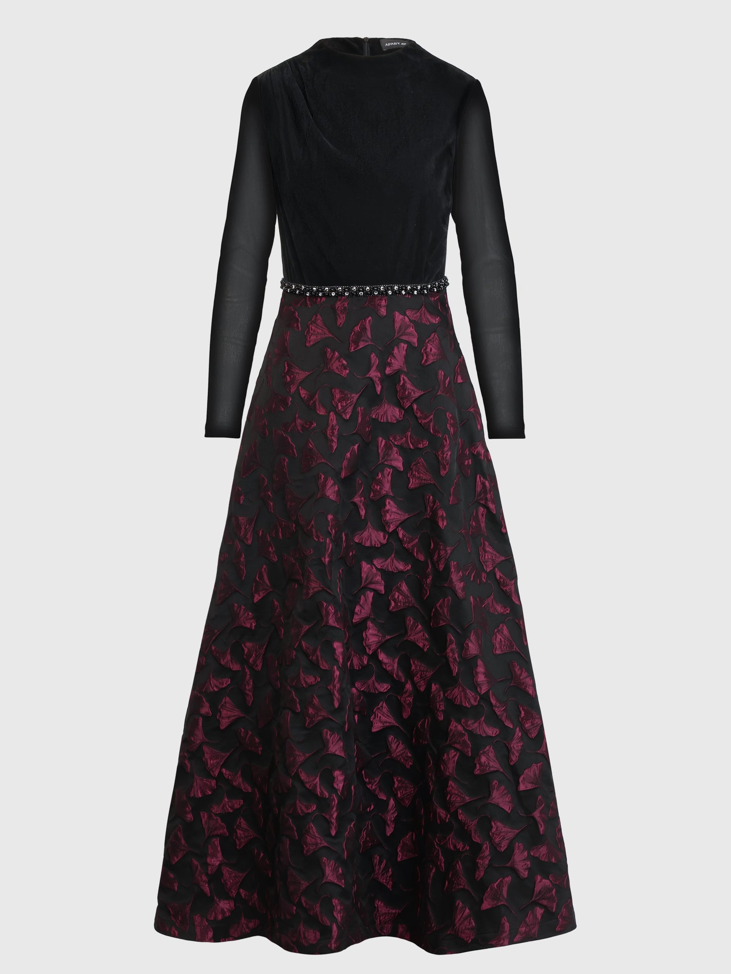 Langes Abendkleid aus Samt und Jacquard | schwarz-weinrot