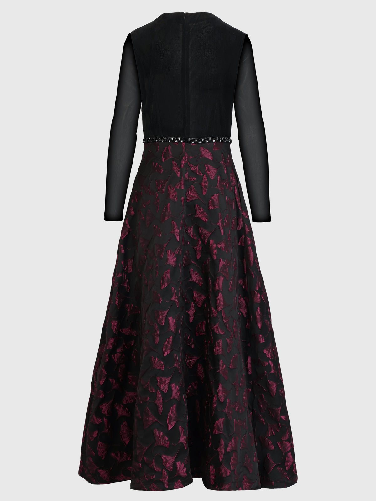 Langes Abendkleid aus Samt und Jacquard | schwarz-weinrot
