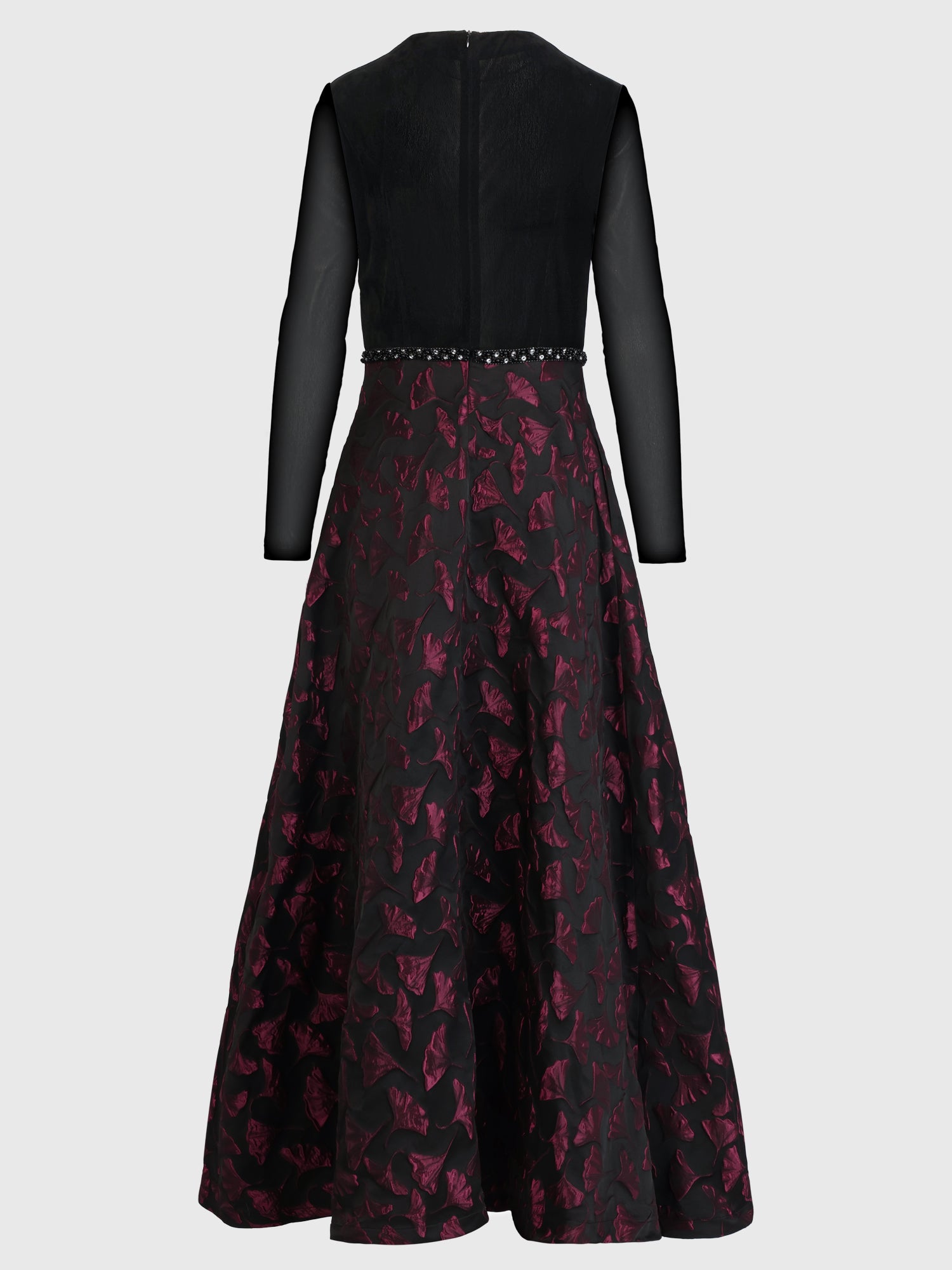 Langes Abendkleid aus Samt und Jacquard | schwarz-weinrot