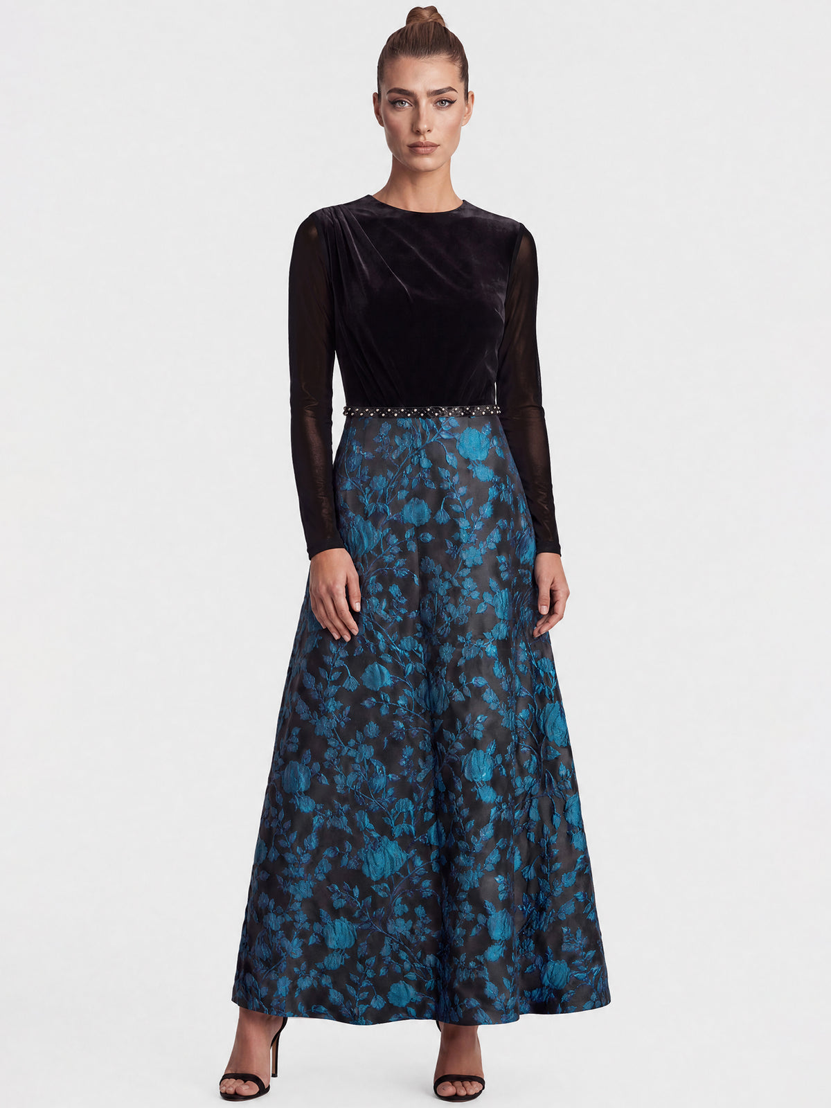 Langes Abendkleid aus Samt und Jacquard | schwarz-petrol