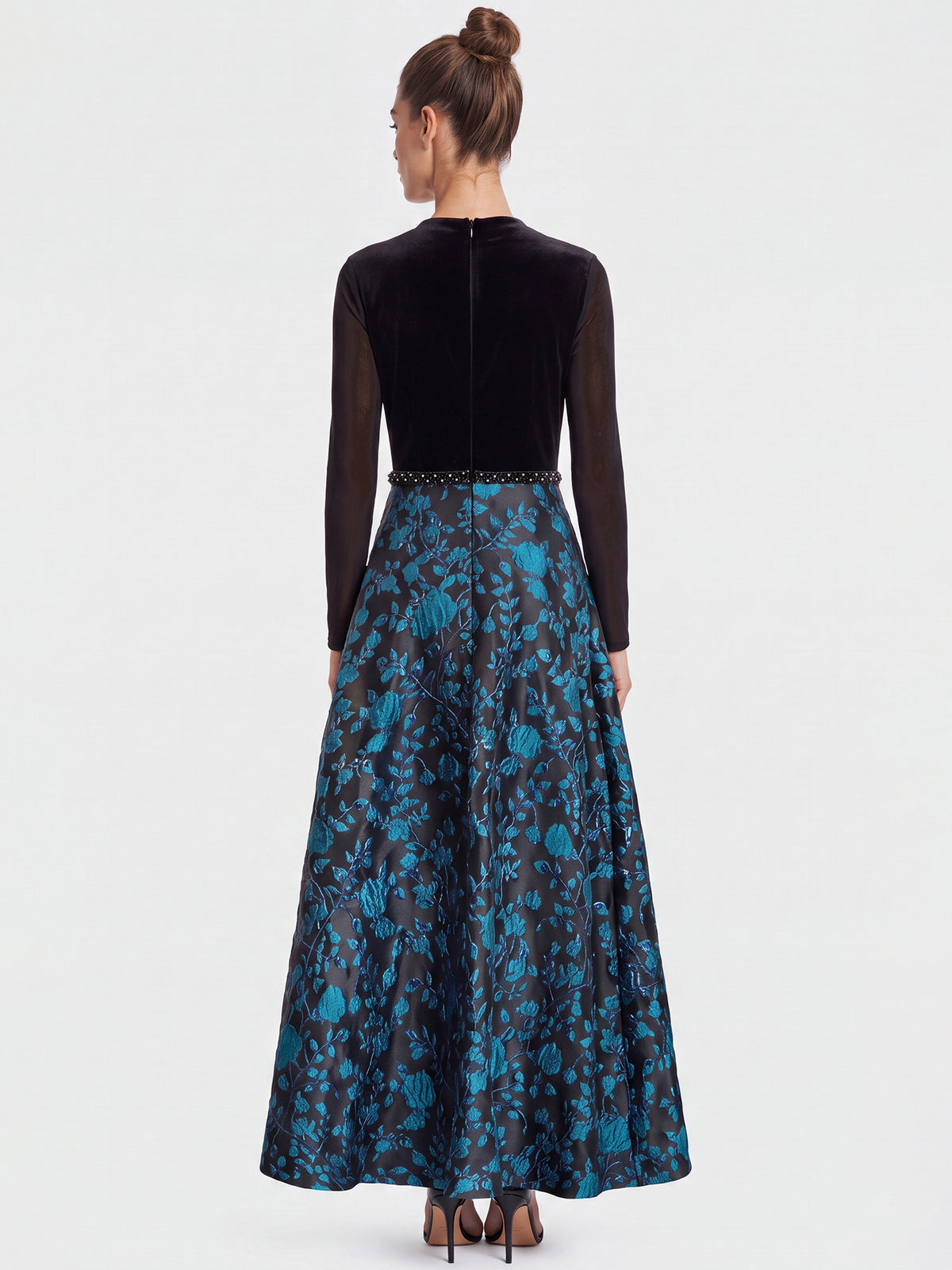 Langes Abendkleid aus Samt und Jacquard | schwarz-petrol