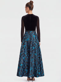 Langes Abendkleid aus Samt und Jacquard | schwarz-petrol